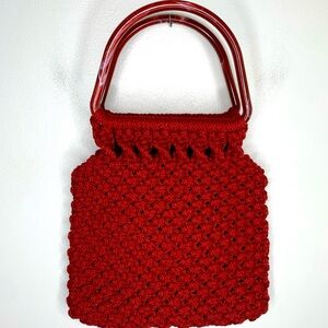 Vintage Style Crochet Handbag Lucite Handles Berry Wine Boho Fall